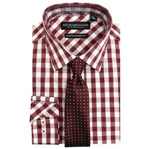 Nick Graham Mens Tie Set Button Down Dress Shirt, Red, 15.5 Neck, MP